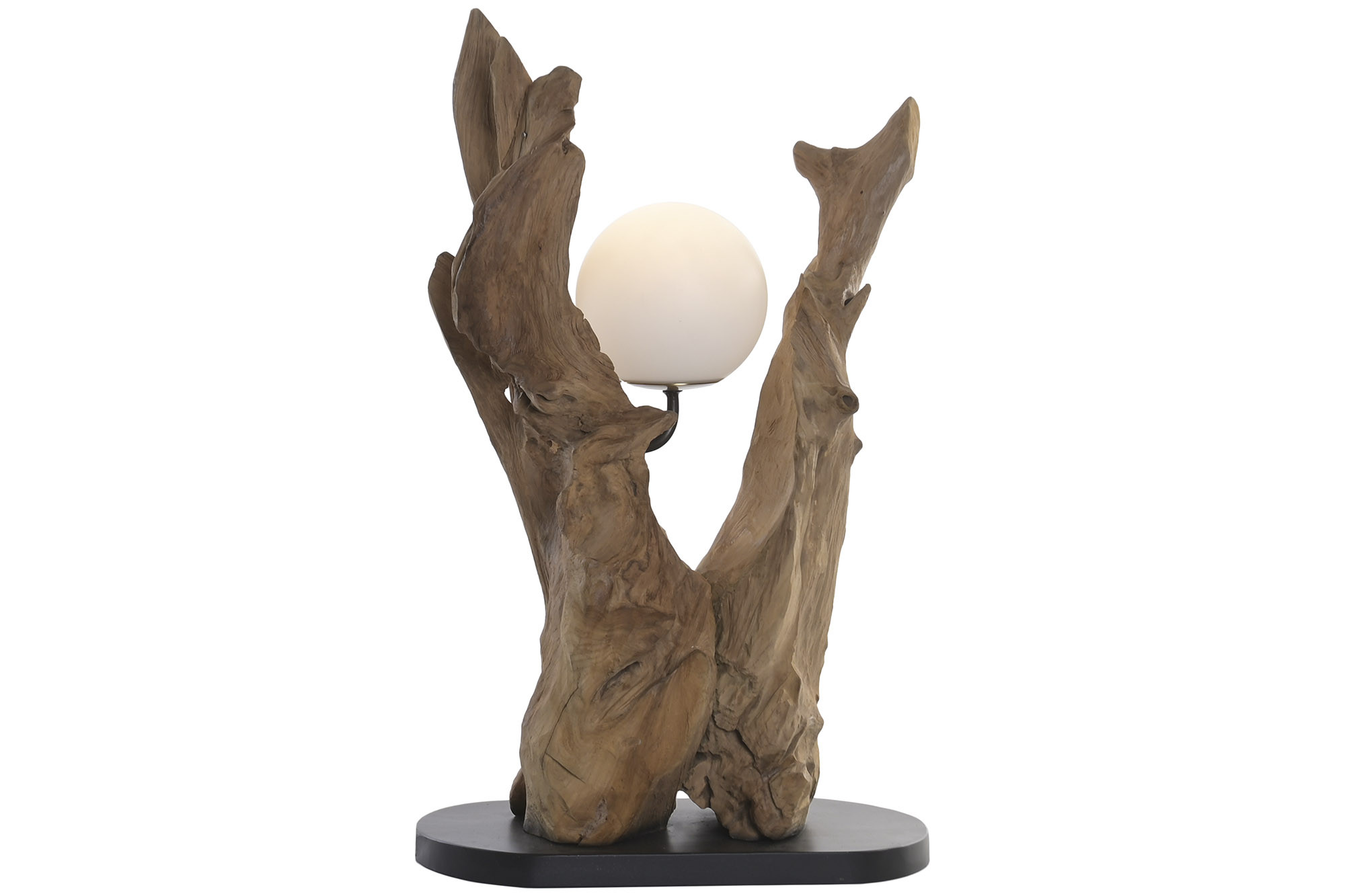 lampe à poser en racine de teck recyclée et verre