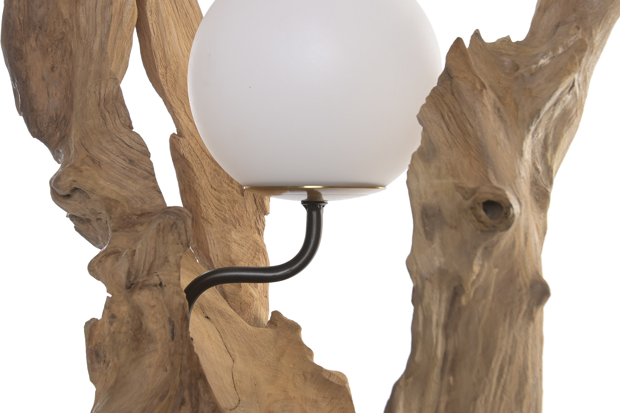 zoom sur globe lampe à poser en racine de teck recyclée et verre
