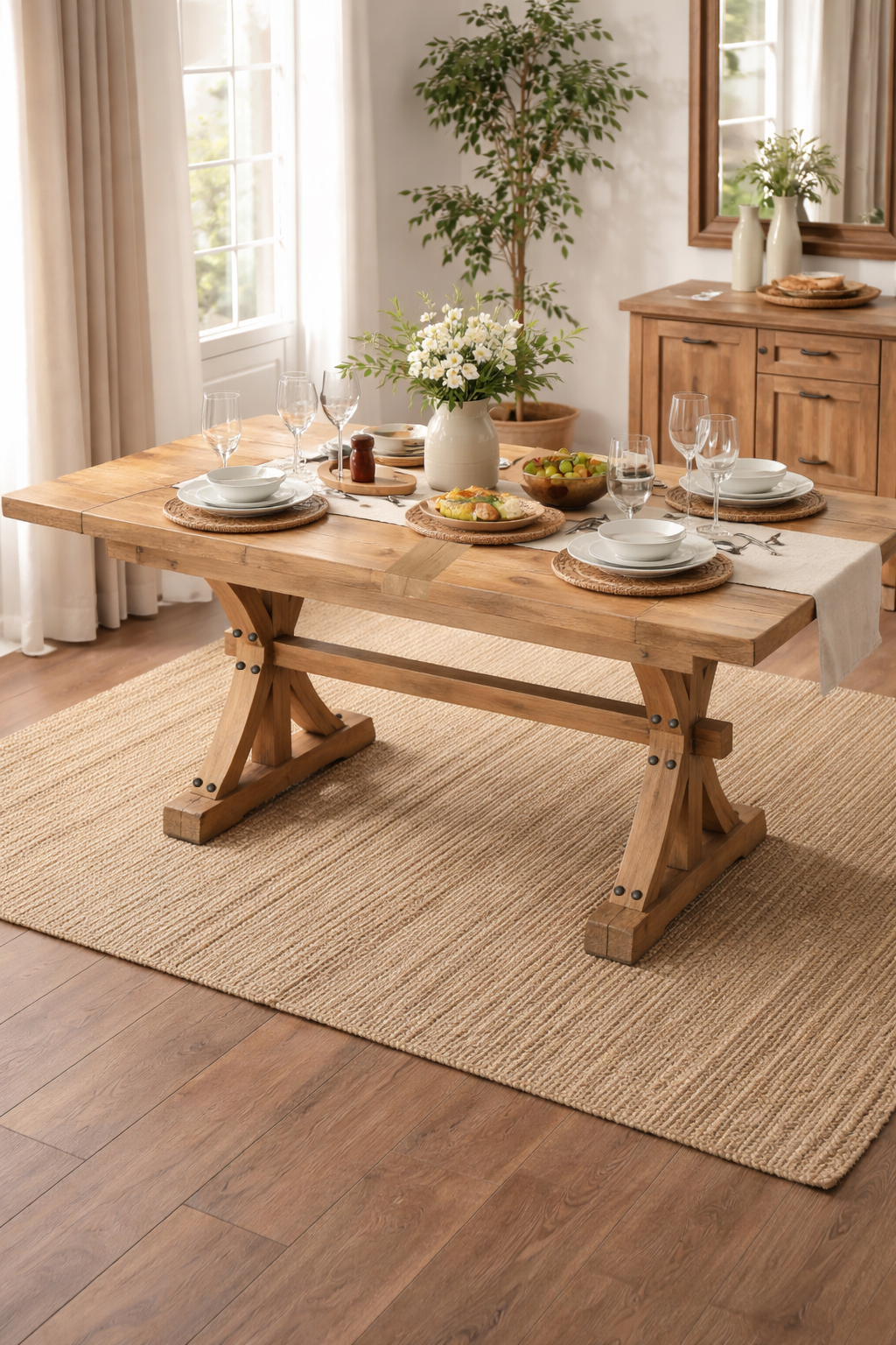 table à manger extensible bois recyclé et orme dans ambiance nature