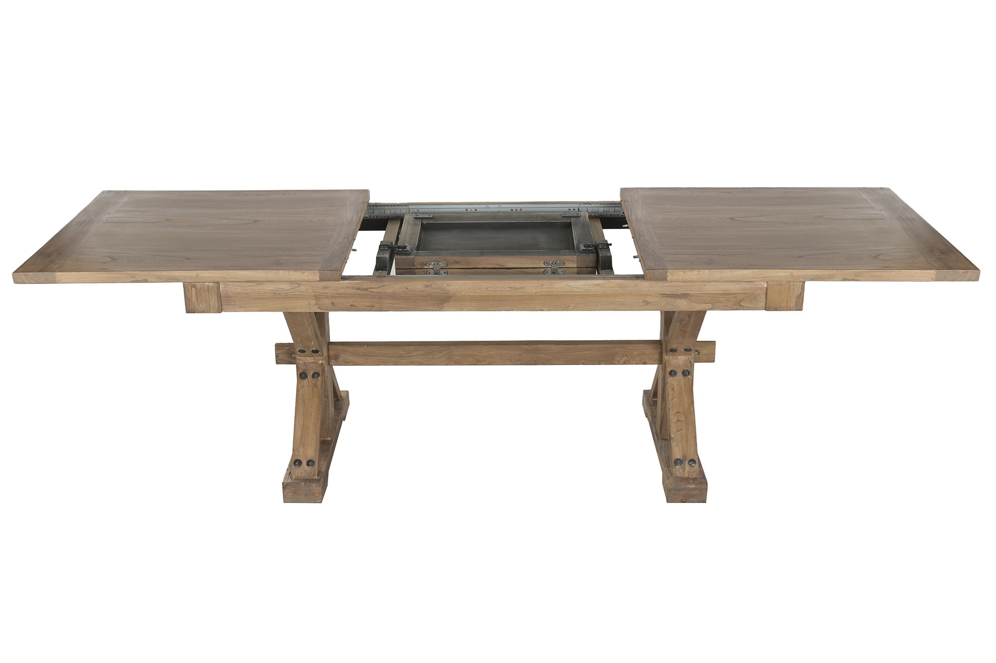 vue ouverte de table à manger extensible bois recyclé et orme