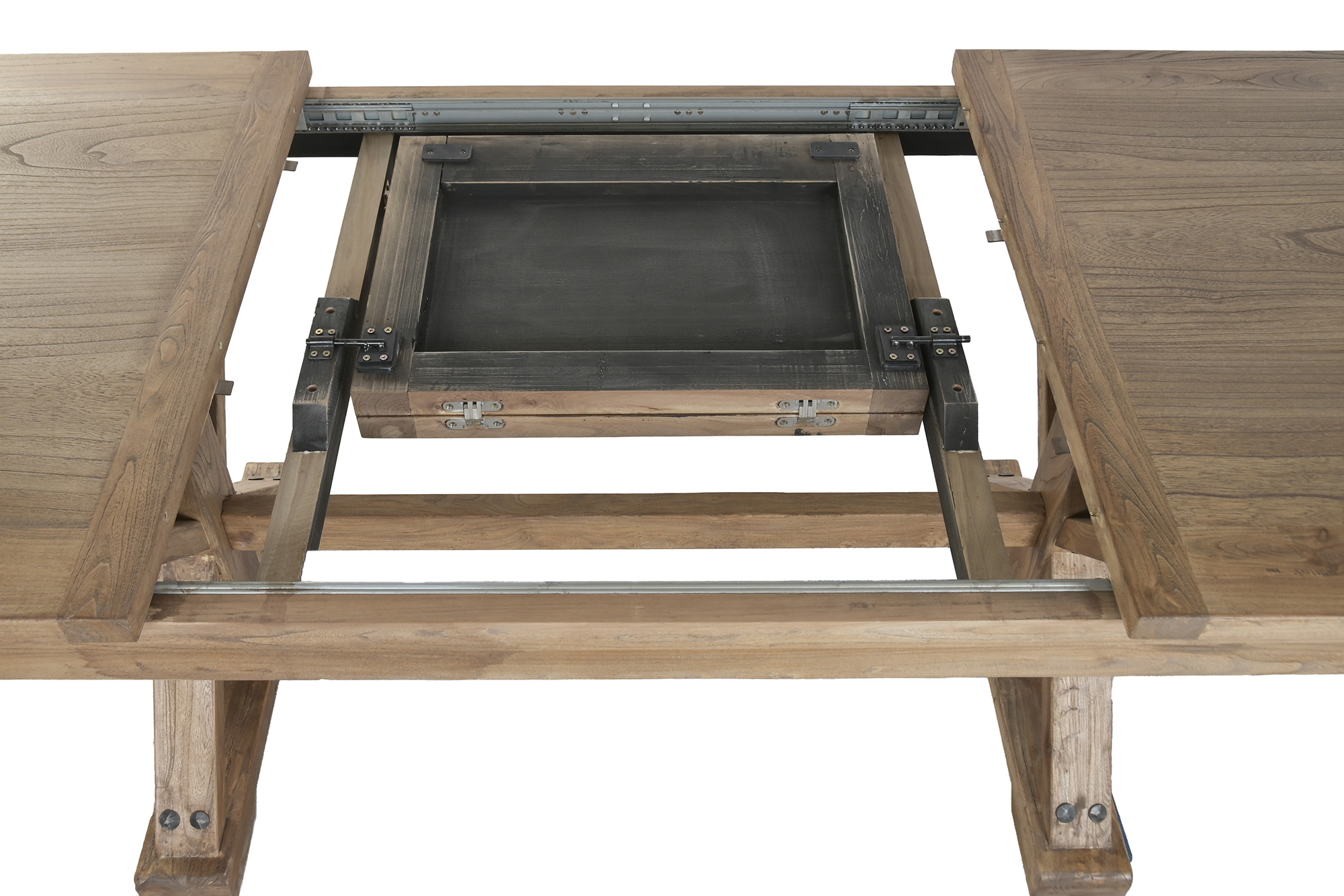 zoom sur vue ouverte table à manger extensible bois recyclé et orme
