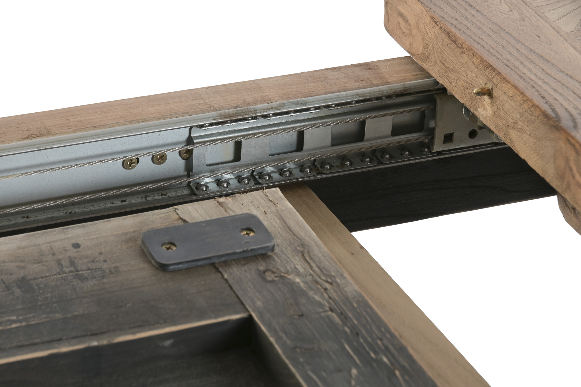 zoom sur mécanisme table à manger extensible bois recyclé et orme