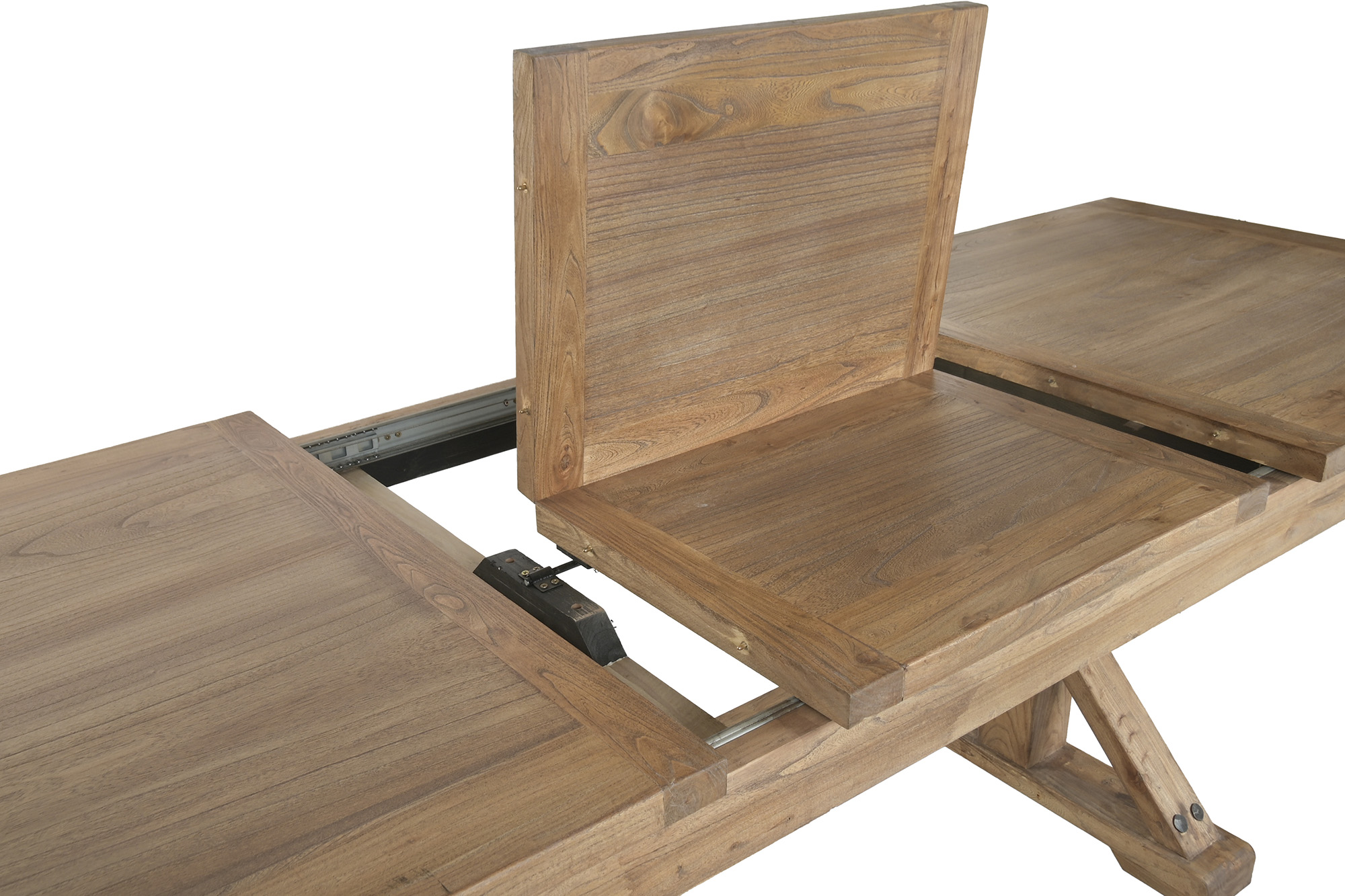 zoom sur plateau table à manger extensible bois recyclé et orme