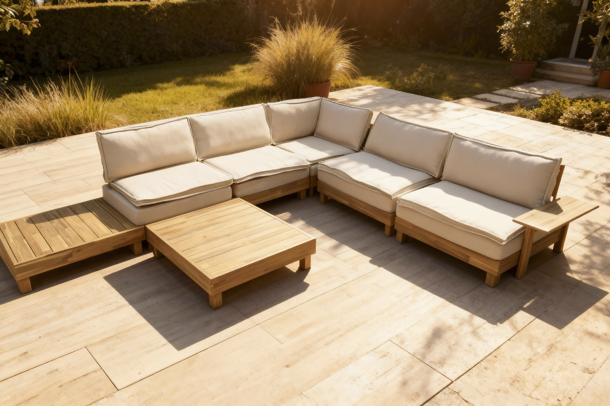 table basse extérieur en acacia massif sur terrasse