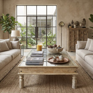 table basse en teck recyclé dans décor chic naturel