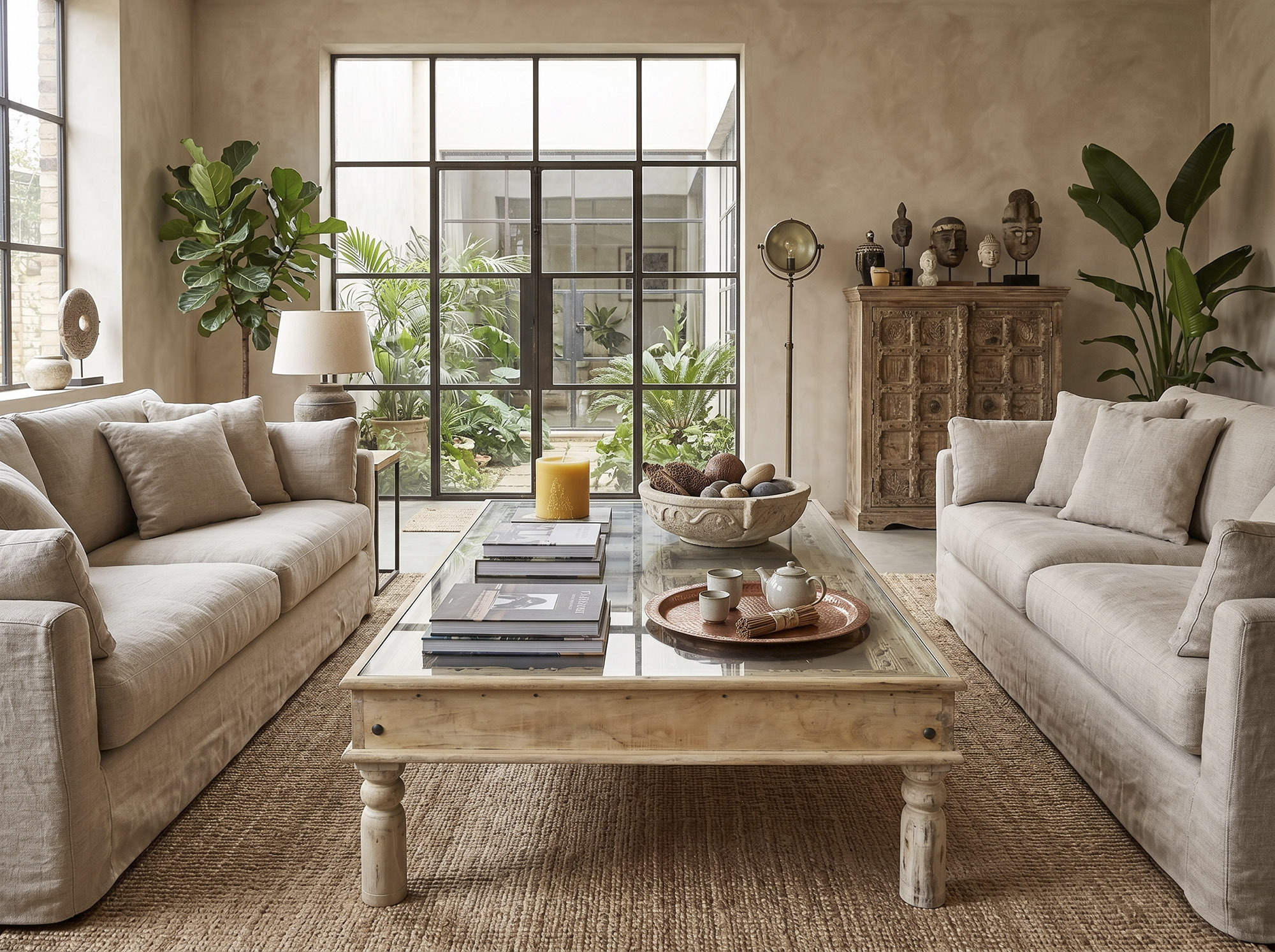 table basse en teck recyclé dans décor chic naturel