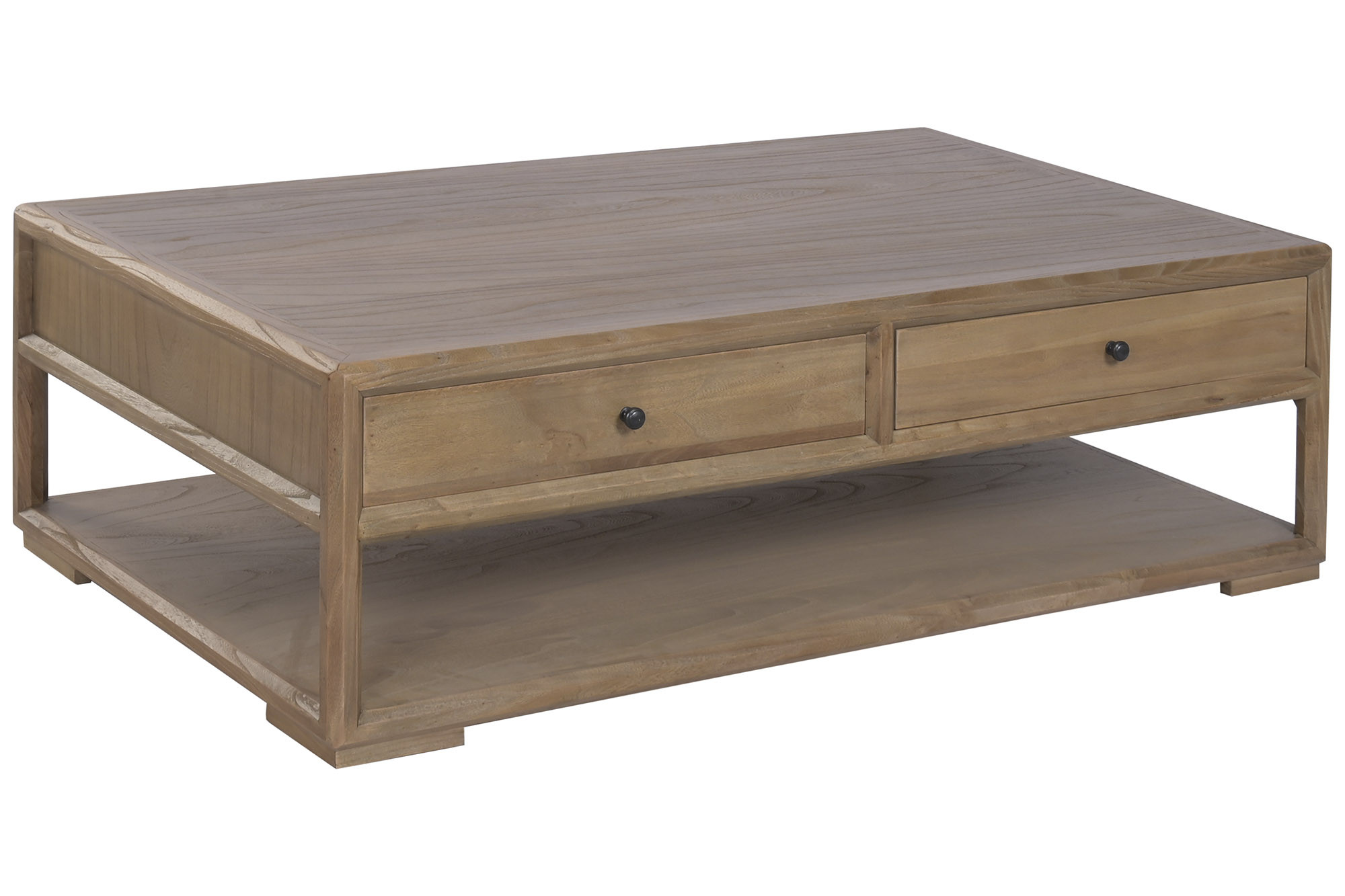 table basse en orme massif avec tiroirs vue 3/4