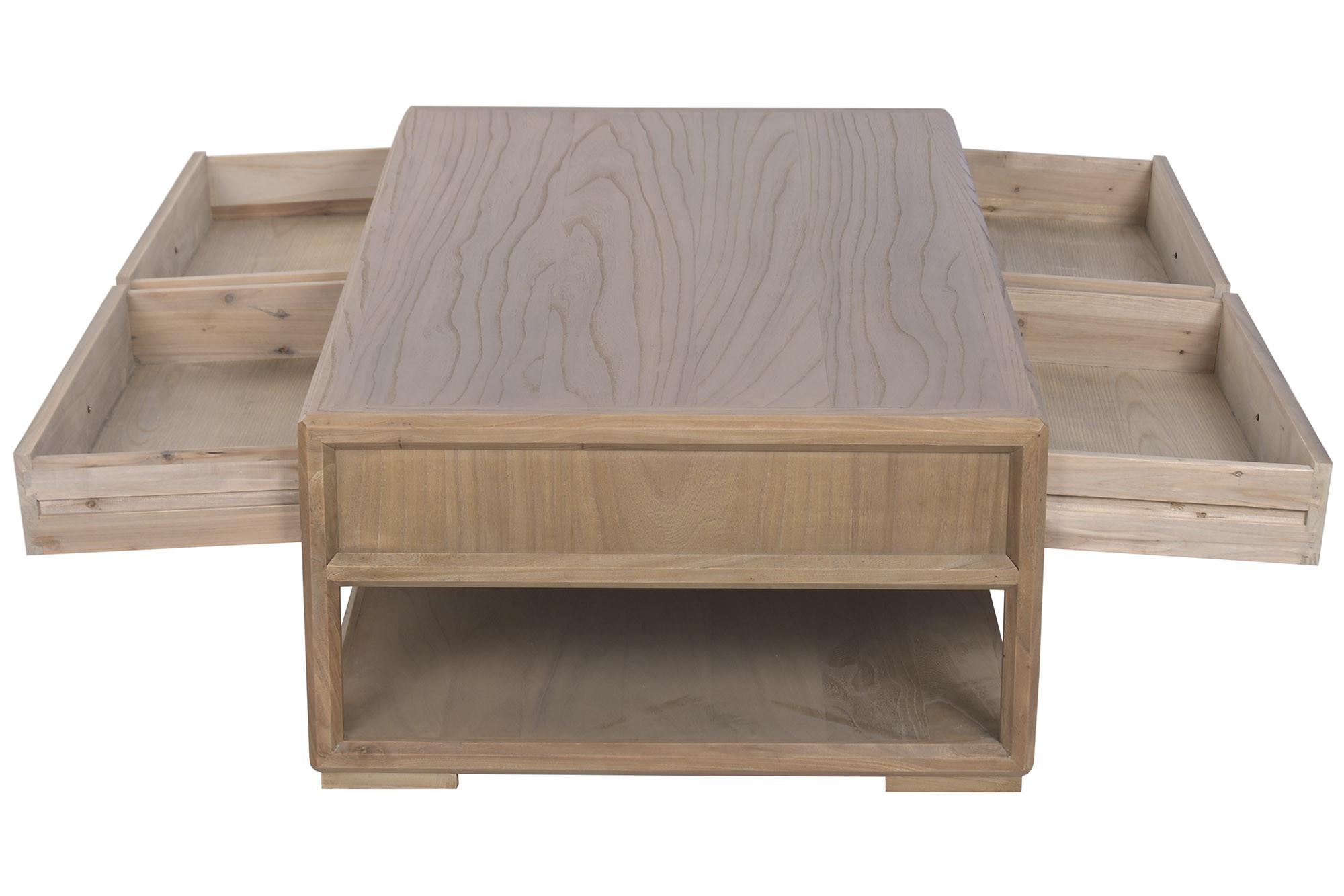 table basse en orme massif avec tiroirs vue côté