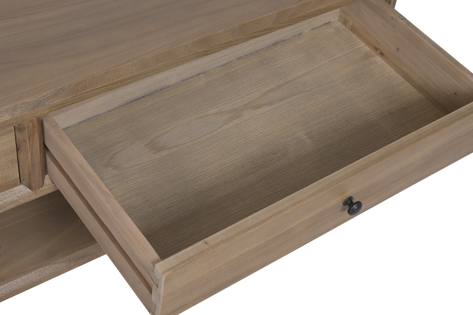 zoom sur tiroir table basse en orme massif avec tiroirs