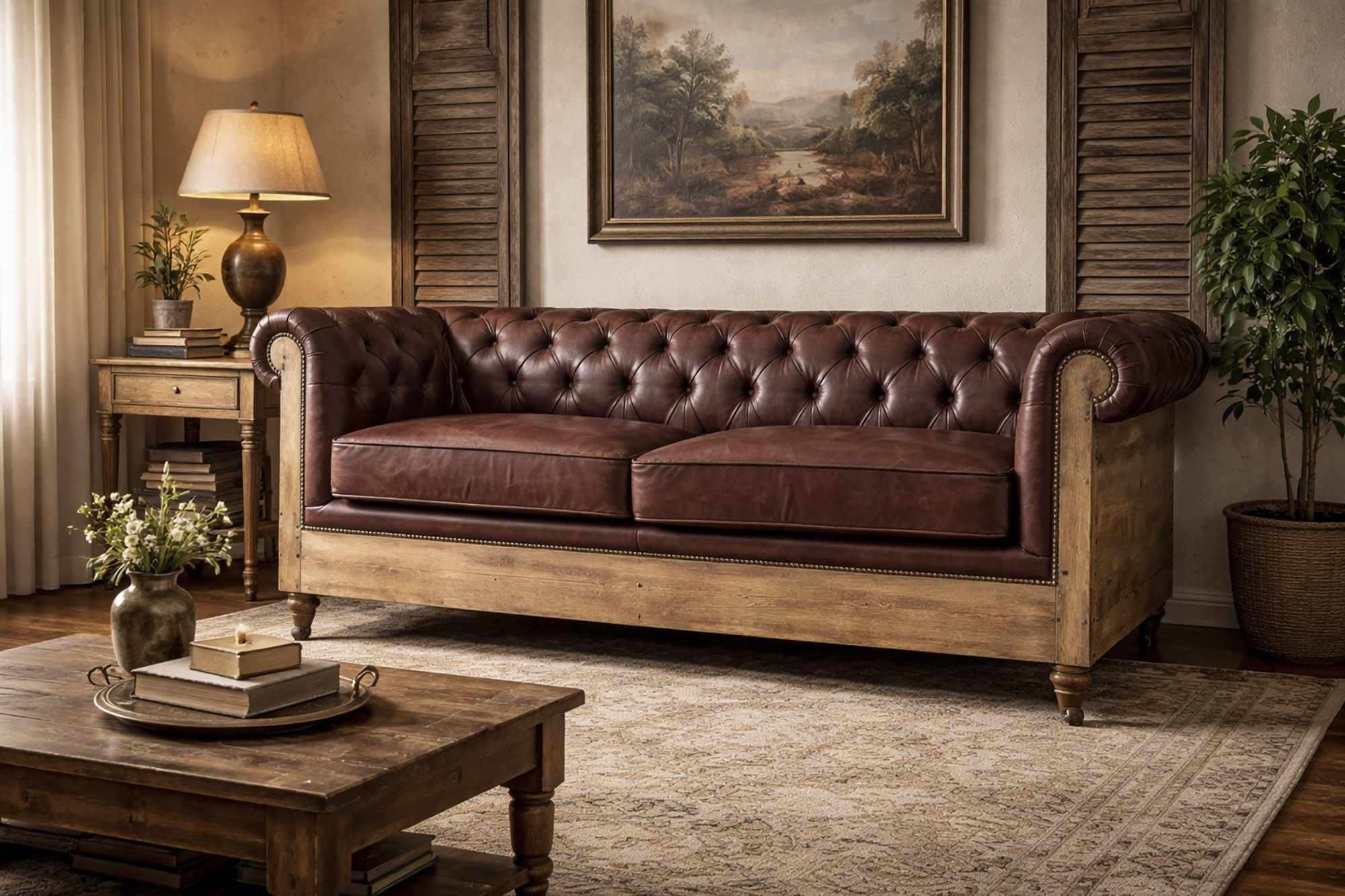 canapé cuir et bois de manguier sur roulettes dans décor chic