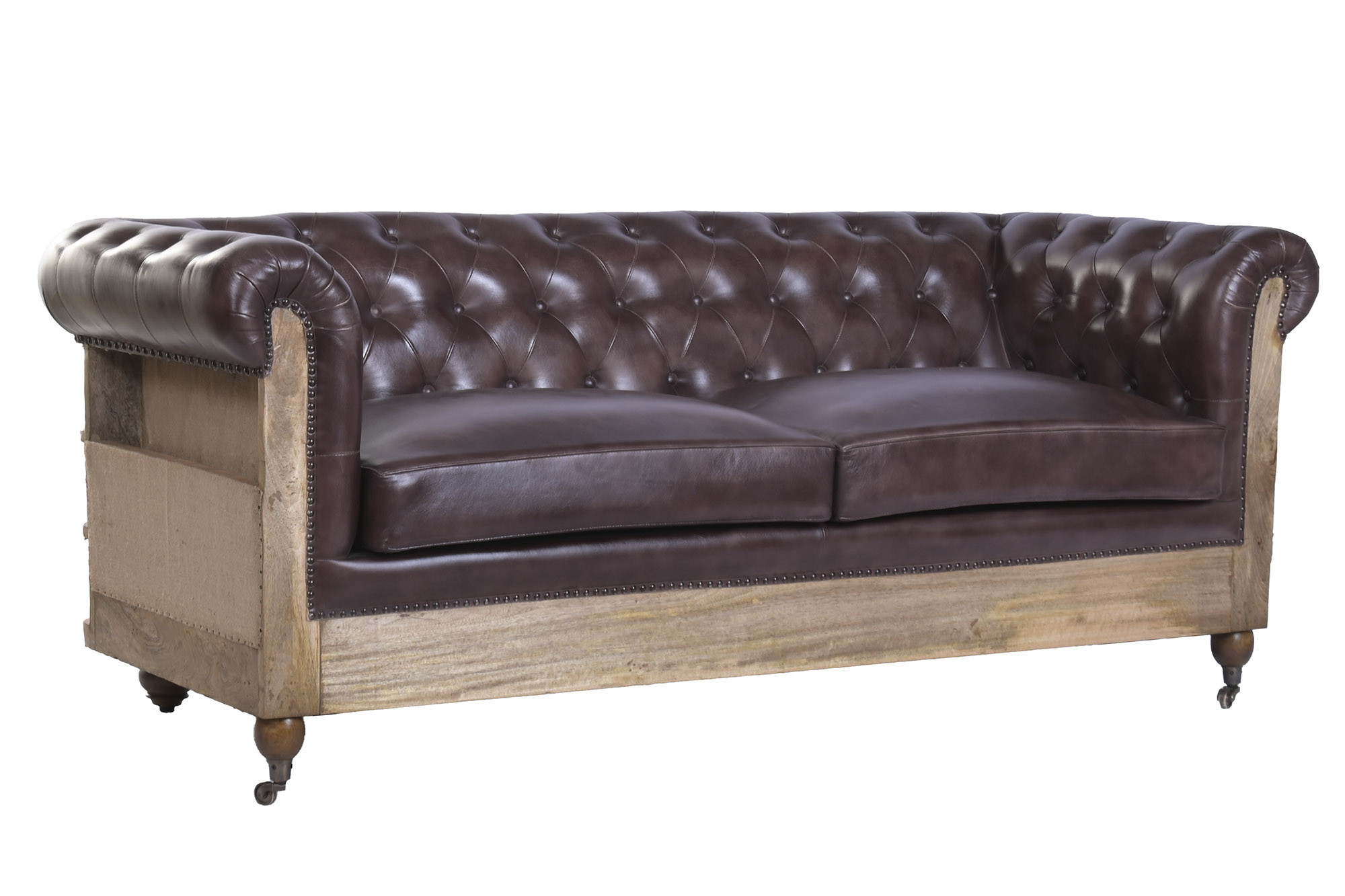 canapé cuir et bois de manguier sur roulettes