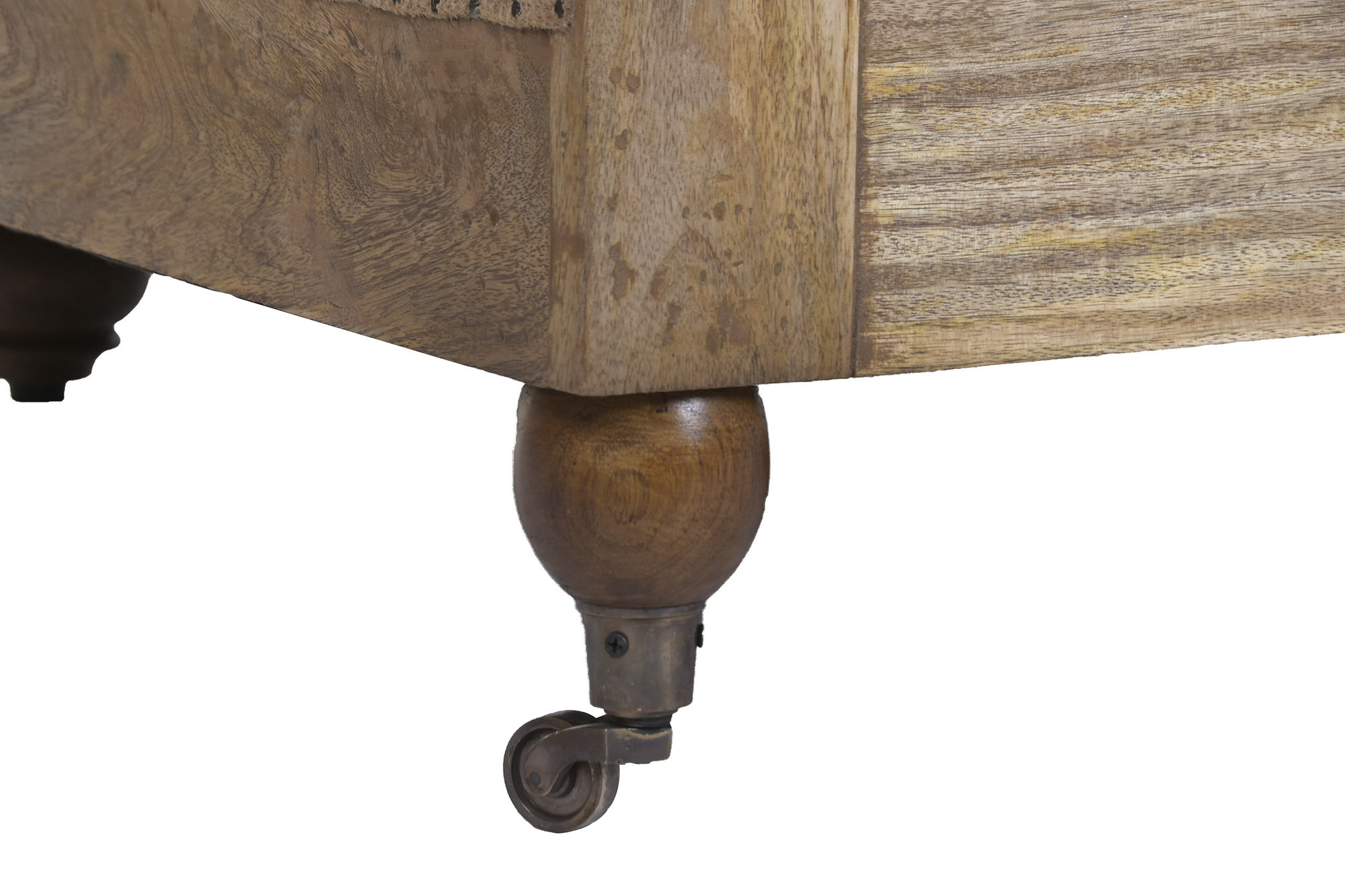 zoom sur pied canapé cuir et bois de manguier sur roulettes