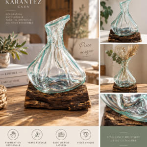 Mini décanteuse en verre coulé sur bois naturel en décoration intérieure