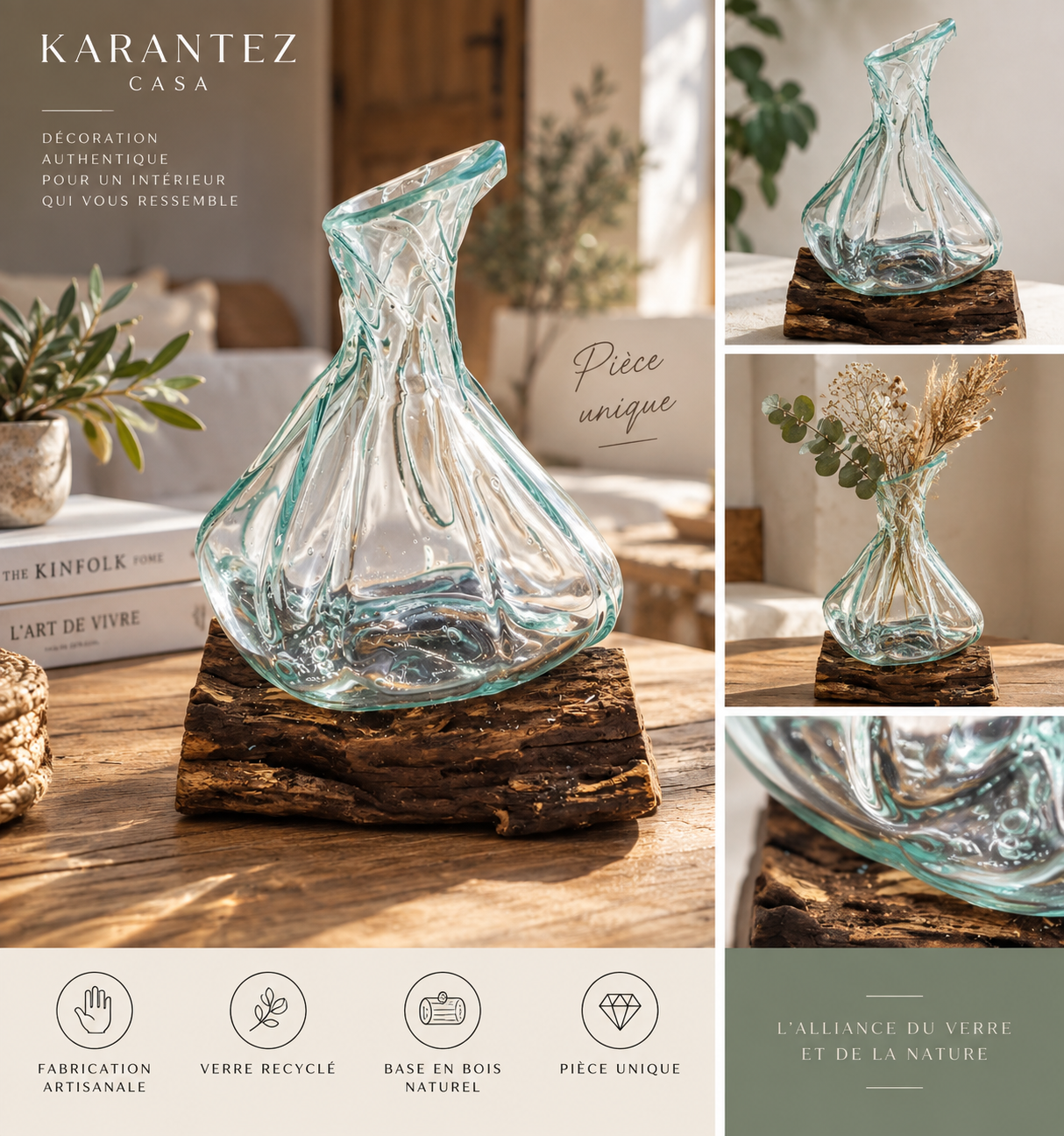 Mini décanteuse en verre coulé sur bois naturel en décoration intérieure