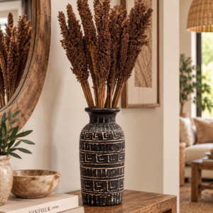 Sorgho séché chocolat 50 cm dans un vase décoratif sur une console en bois