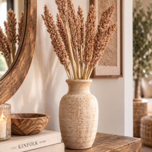 Sorgho séché ocre 50 cm dans un vase en céramique sur une console en bois