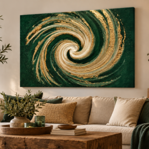 Tableau abstrait vert et doré sur toile