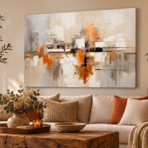 Tableau abstrait beige orange dans un salon élégant