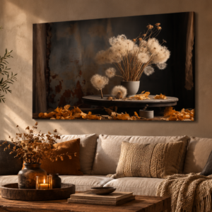 Tableau fleurs séchées beige et marron dans un salon chaleureux