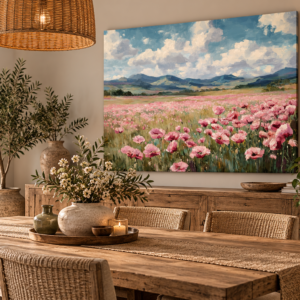 Tableau paysage champ de fleurs roses dans une salle à manger chaleureuse