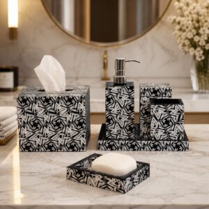 Ensemble salle de bain 6 pièces à motif graphique noir et blanc