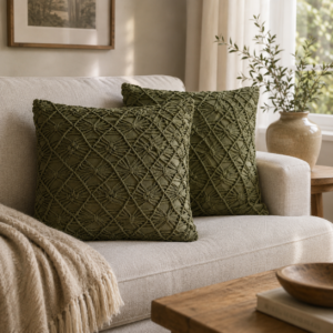 Lot de 2 coussins Maura vert olive en macramé 45 x 45 cm