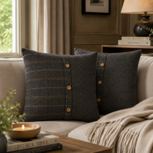 Lot de 2 coussins Quinn en tweed anthracite à boutons 45 x 45 cm