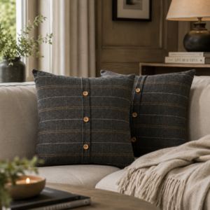 Lot de 2 coussins Quinn en tweed anthracite rayé à boutons 45 x 45 cm