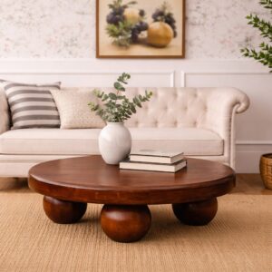 Table basse Bola ronde en manguier massif avec pieds boule