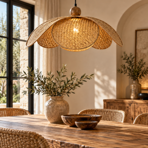 Suspension fleur en fibre naturelle au-dessus d’une table en bois