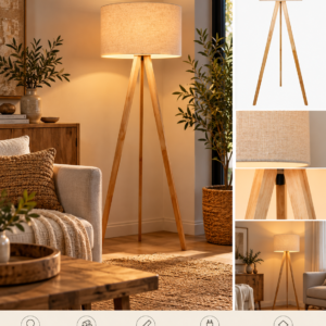 Lampadaire trépied en bois naturel et tissu beige 150 cm
