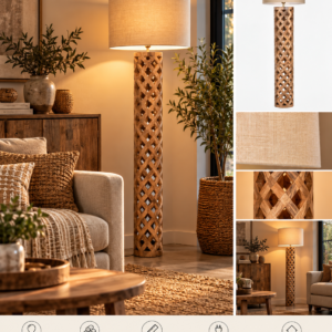 Lampadaire en bois de manguier sculpté avec abat-jour beige 158 cm