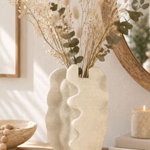 Grand vase décoratif beige en résine texturée 50 cm