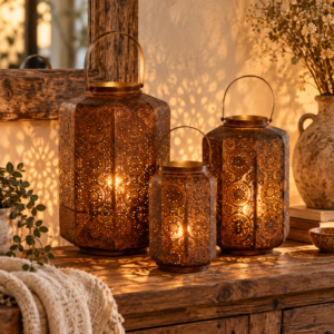 Lot de 3 lanternes en métal brun vieilli dans un intérieur rustique