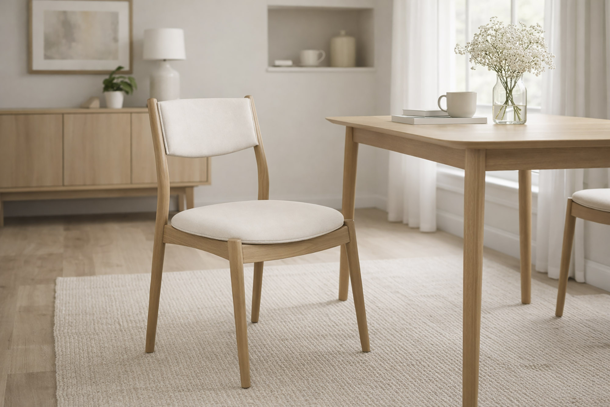 Une élégance naturelle autour de la table, entre bois de hêtre et lin beige.