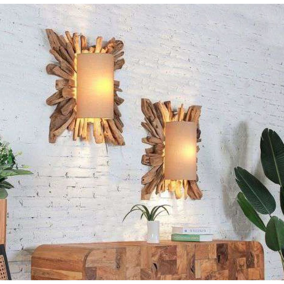 Applique murale en teck naturel et abat-jour beige 71,5 cm – Image 3