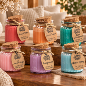 Ensemble de bougies parfumées en cire de soja sur une table en bois dans un intérieur chaleureux