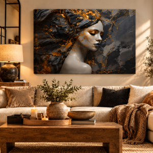 Tableau femme abstraite noir et or dans un salon beige et bois